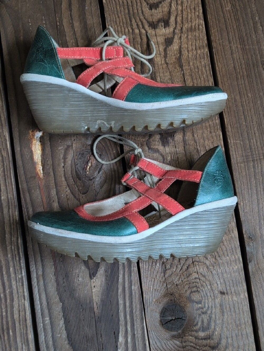 FLY London Teal + Coral Mary Jane Wedges - Picture 5 of 8